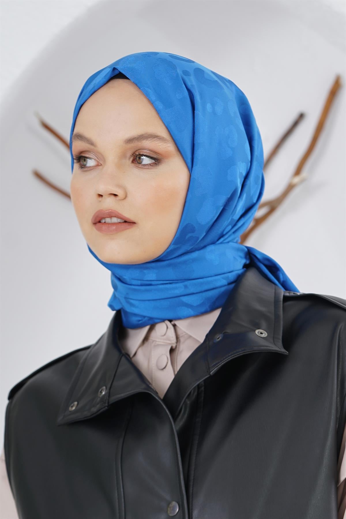 Loryan Scarf Floş Jakar Serisi Leopar Desenli Şal Saks