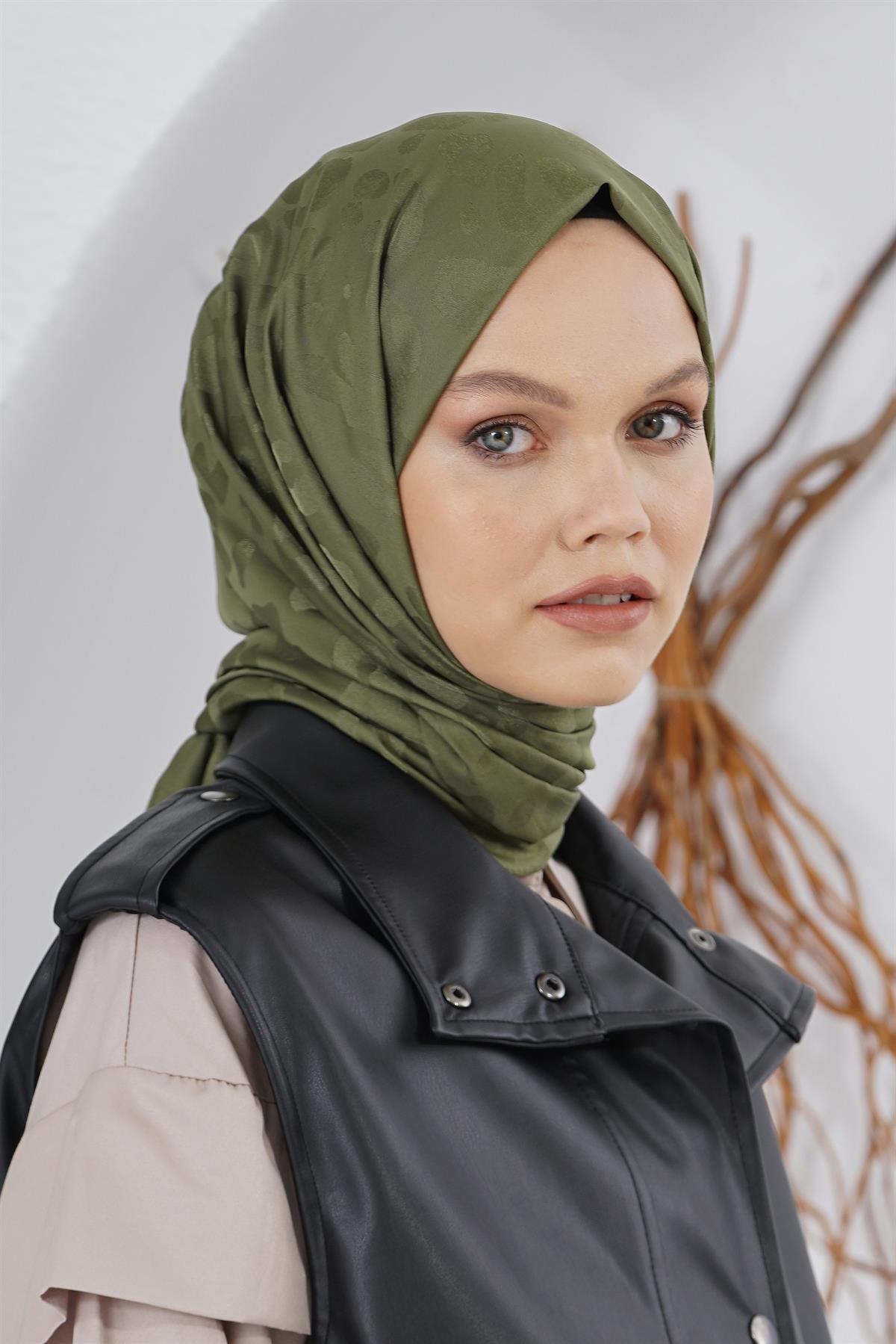 Loryan Scarf Floş Jakar Serisi Leopar Desenli Şal Haki