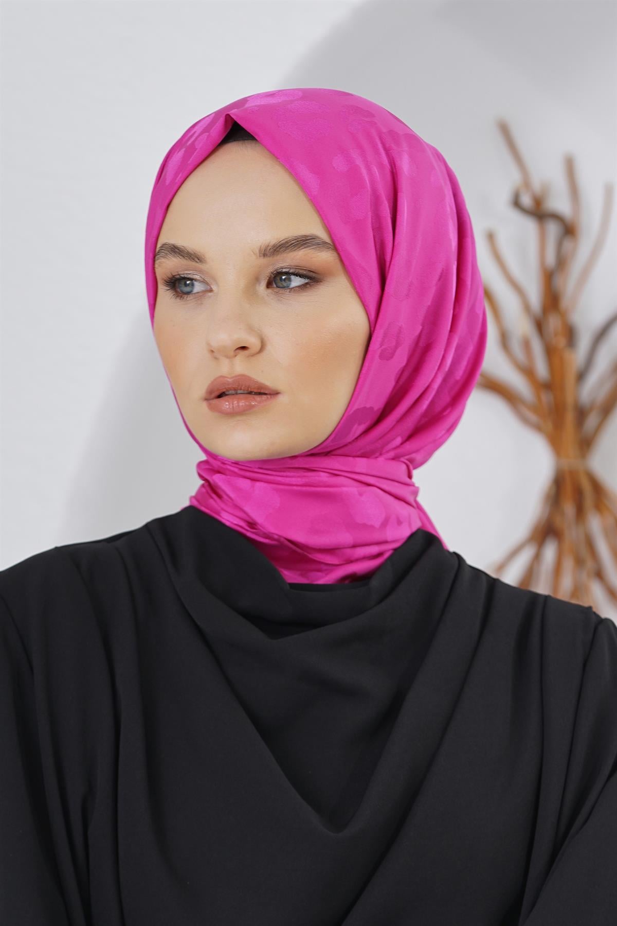 Loryan Scarf Floş Jakar Serisi Leopar Desenli Şal Fuşya