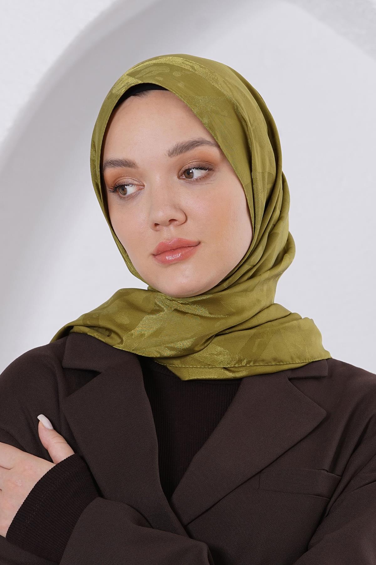 Loryan Scarf Jakar Şal - Delta Floş Jakar Şal 4299 Yağ Yeşili