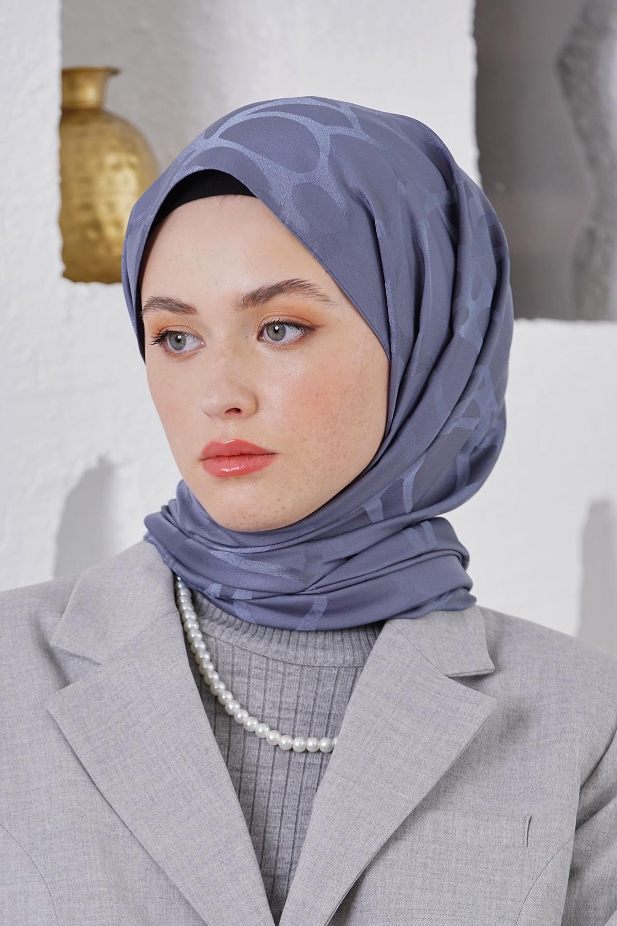 Loryan Scarf Jakar Şal - Stone Floş Jakar Şal 4312 Kot Mavi