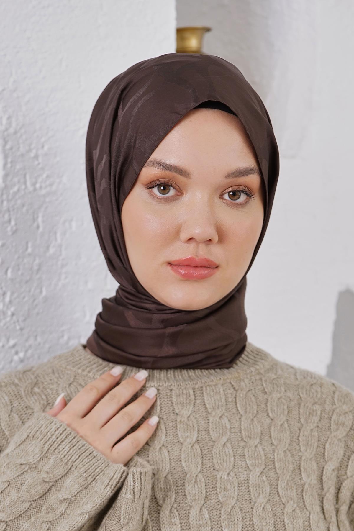 Loryan Scarf Jakar Şal - Stone Floş Jakar Şal 4312 Koyu Kahve