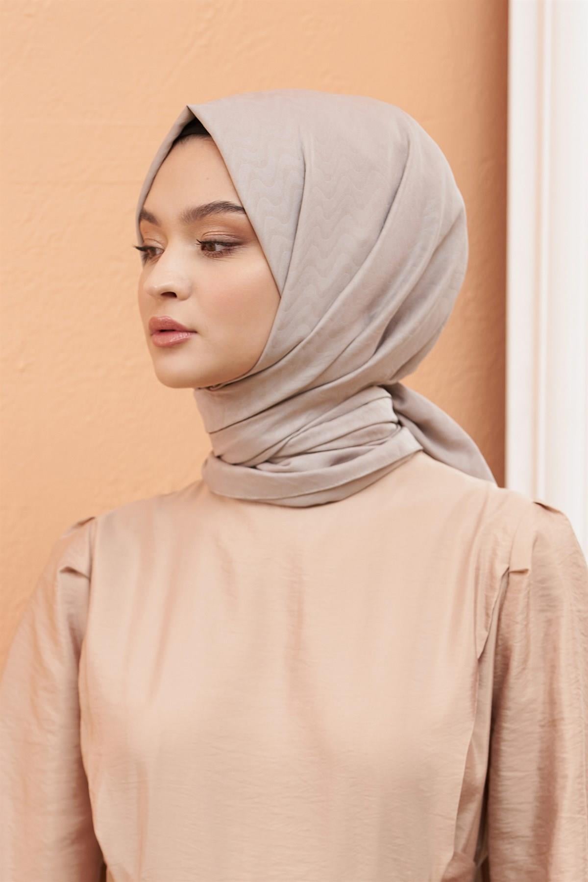 Loryan Scarf Kendinden Desenli Tek Renk Kayla Jakarlı Pamuklu Şal Vizon