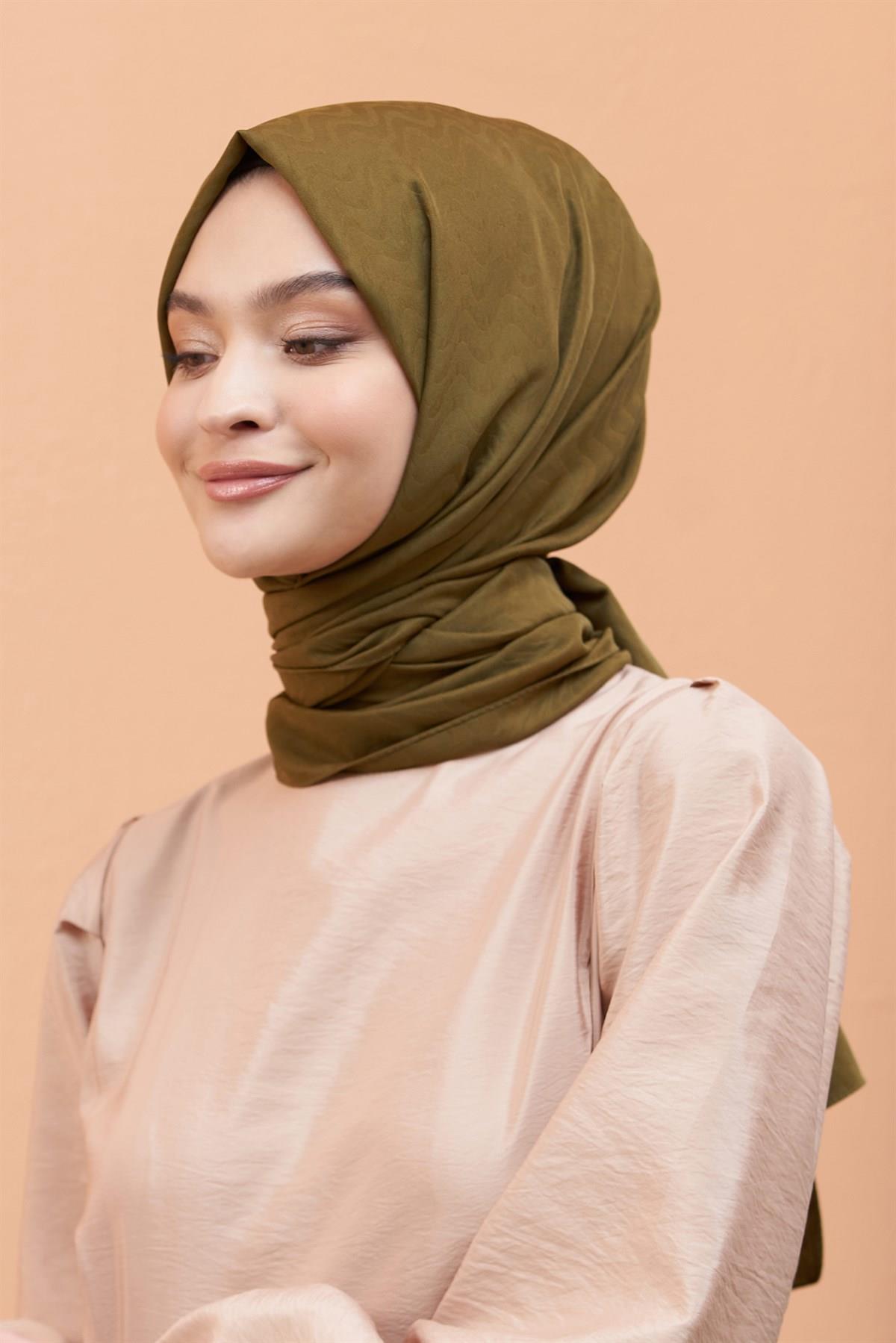 Loryan Scarf Kendinden Desenli Tek Renk Kayla Jakarlı Pamuklu Şal Haki