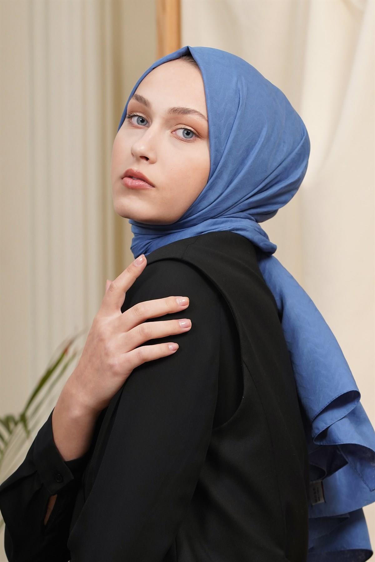 Loryan Scarf Kendinden Desenli Tek Renk Kayla Jakarlı Pamuklu Şal Kot Mavi