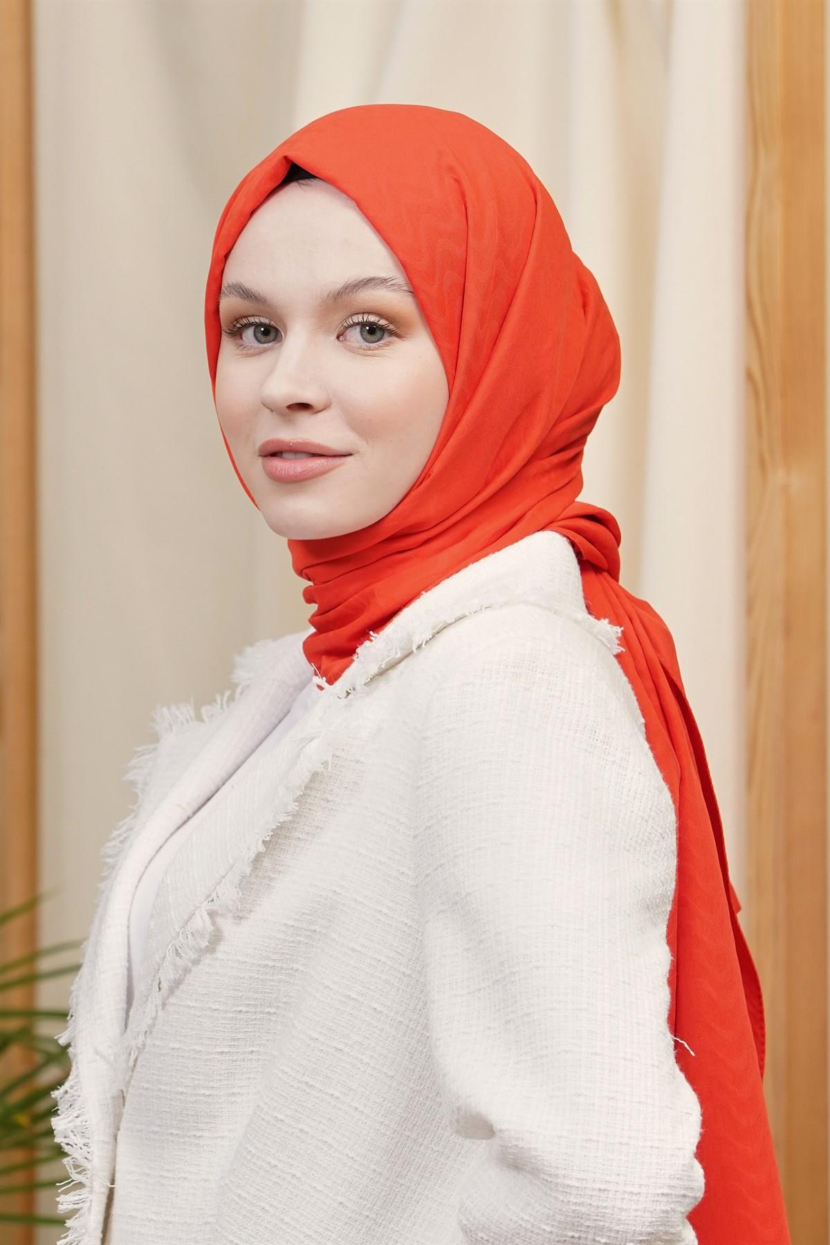 Loryan Scarf Kendinden Desenli Tek Renk Kayla Jakarlı Pamuklu Şal Mercan