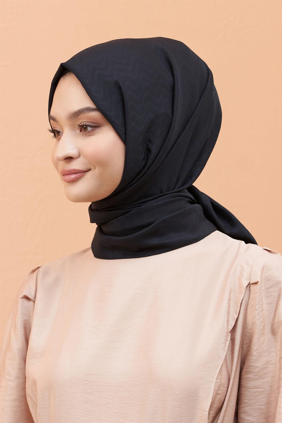 Loryan Scarf Kendinden Desenli Tek Renk Kayla Jakarlı Pamuklu Şal Siyah