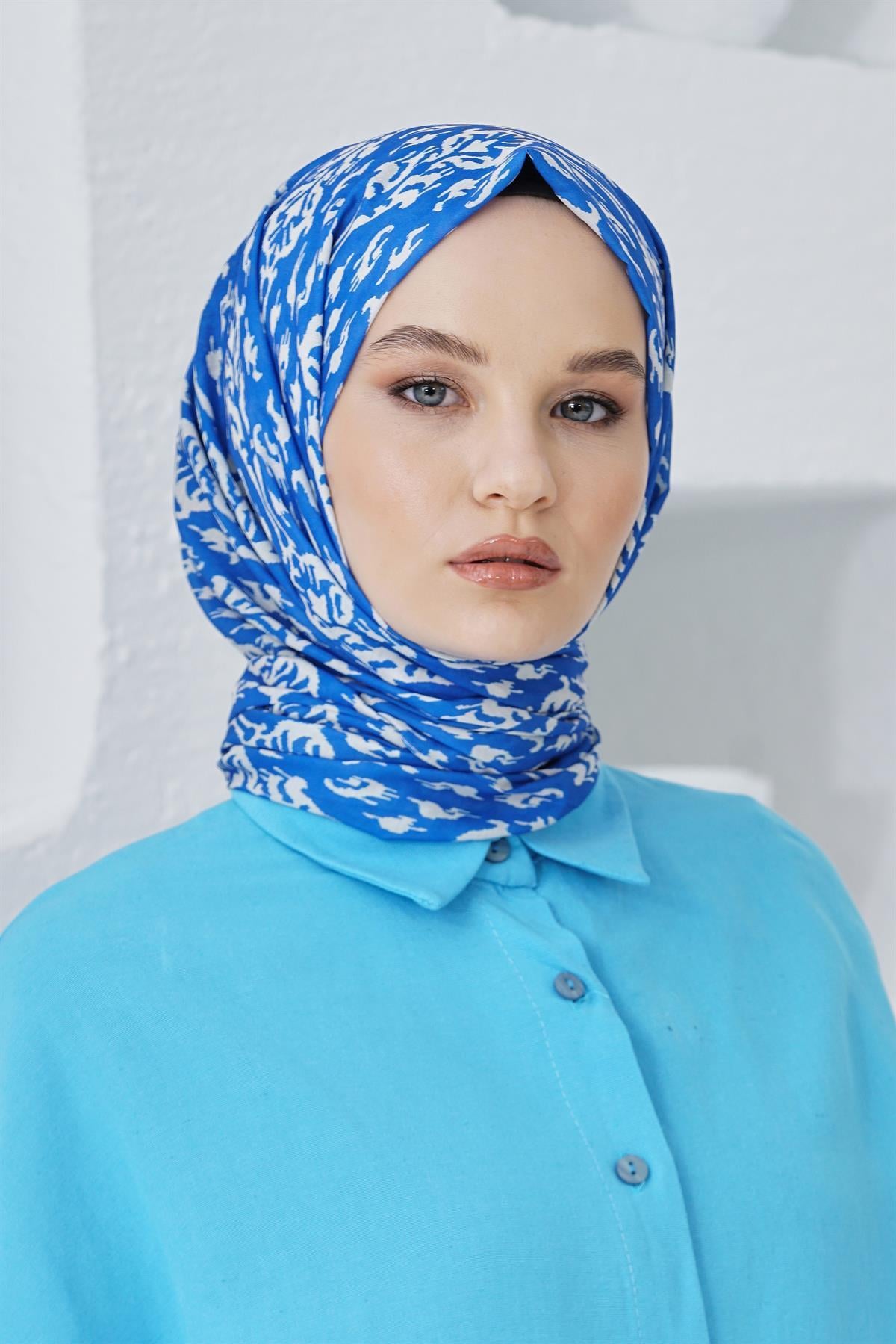 Loryan Scarf Linen Keten Karışımlı Pamuklu Çini Desenli Şal Saks