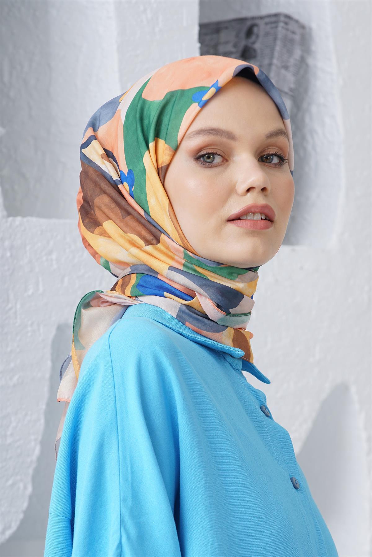 Loryan Scarf Linen Keten Karışımlı Pamuklu Sulu Boya Desenli Eşarp Vizon
