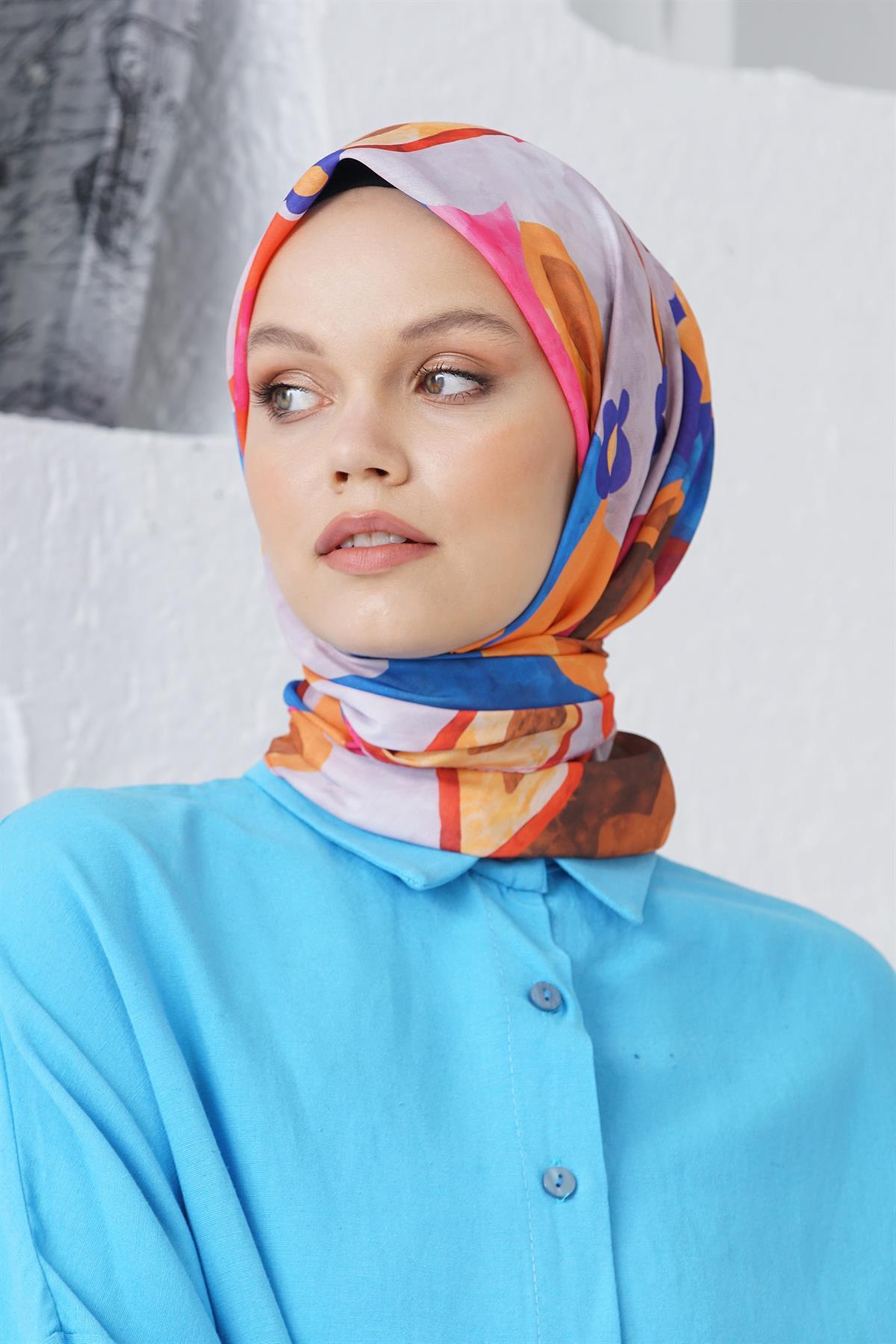 Loryan Scarf Linen Keten Karışımlı Pamuklu Sulu Boya Desenli Eşarp Fuşya