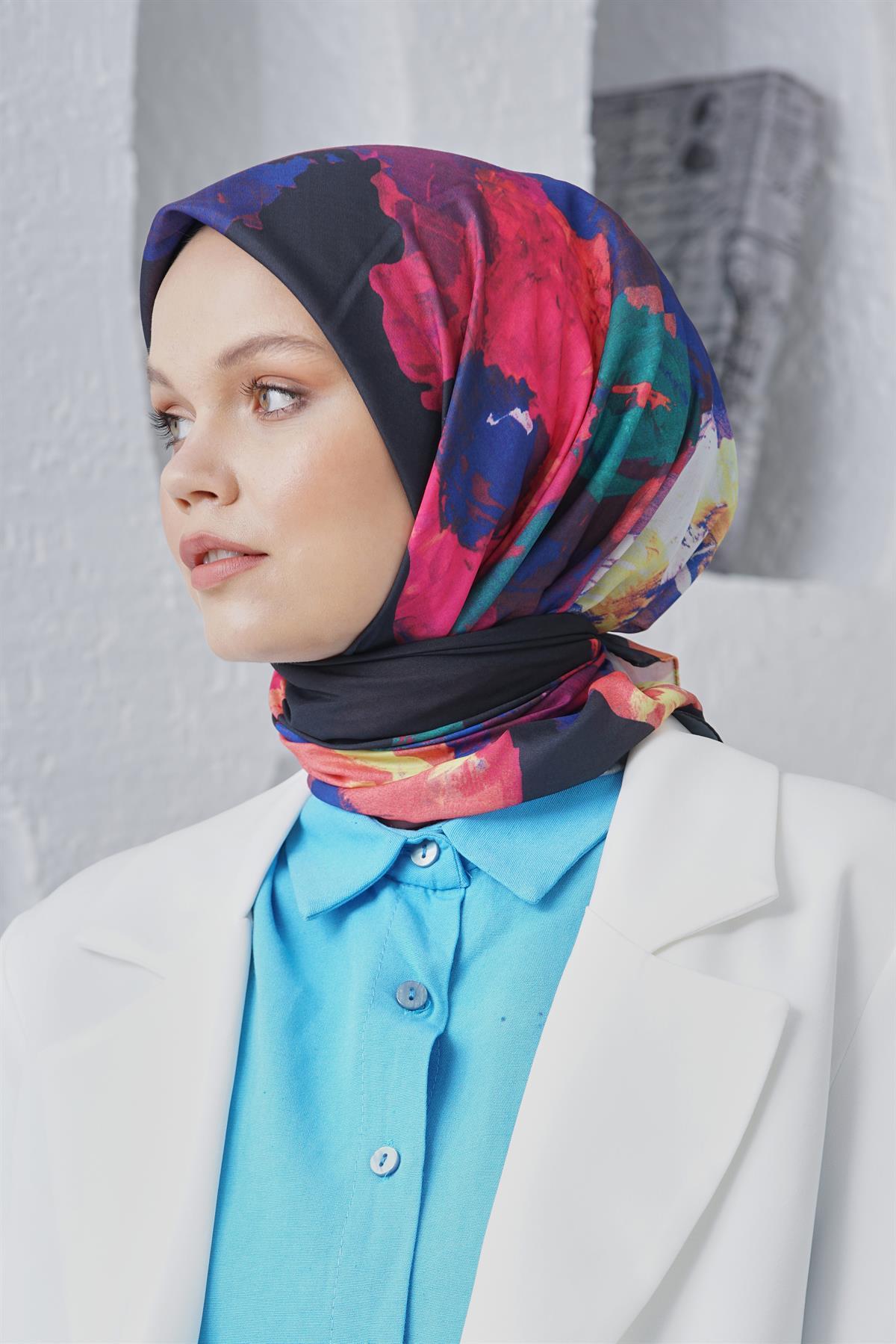 Loryan Scarf Linen Keten Karışımlı Pamuklu Peony Desenli Eşarp Siyah-Fuşya