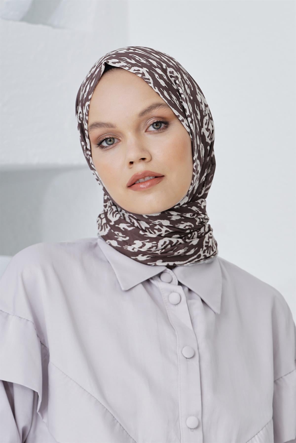 Loryan Scarf Linen Keten Karışımlı Pamuklu Çini Desenli Şal Kahve