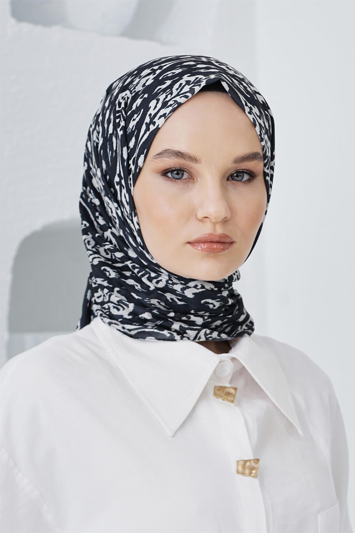 Loryan Scarf Linen Keten Karışımlı Pamuklu Çini Desenli Şal Siyah