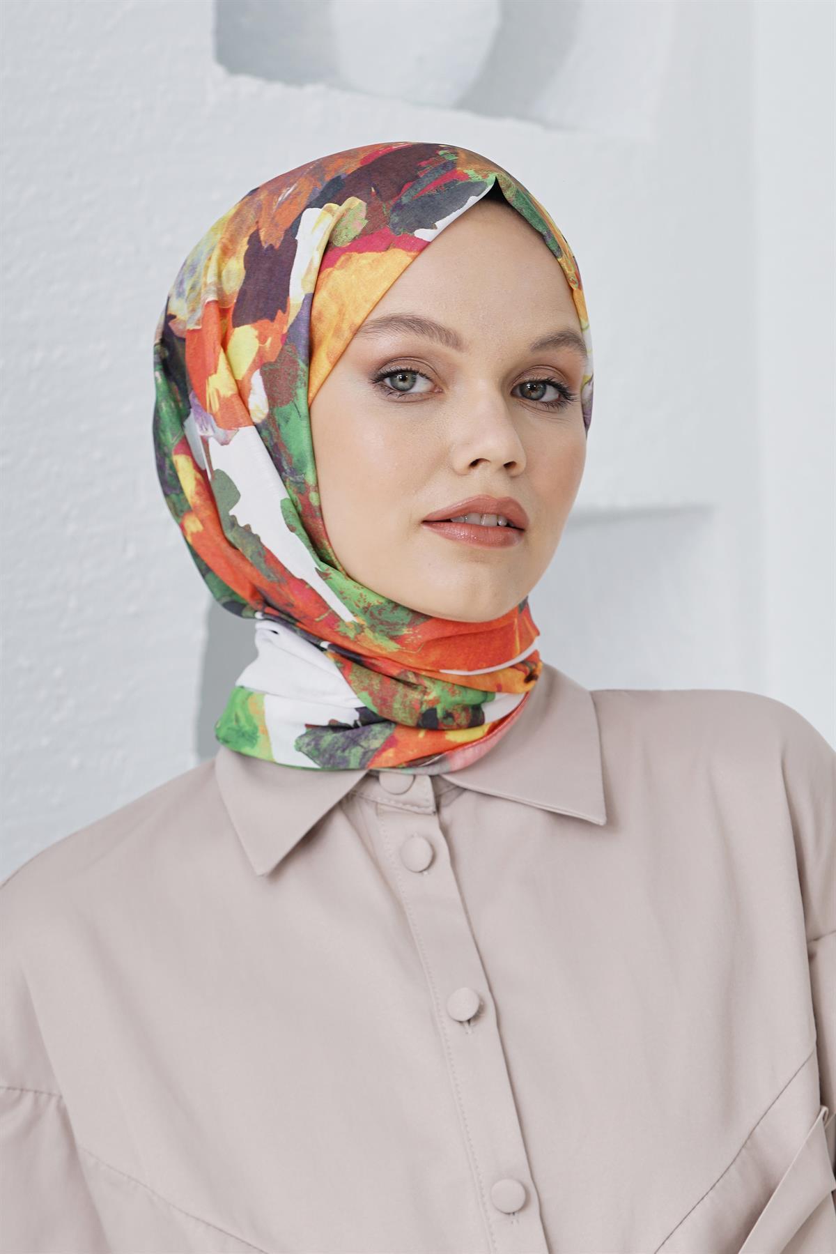 Loryan Scarf Linen Keten Karışımlı Pamuklu Peony Desenli Eşarp Bej