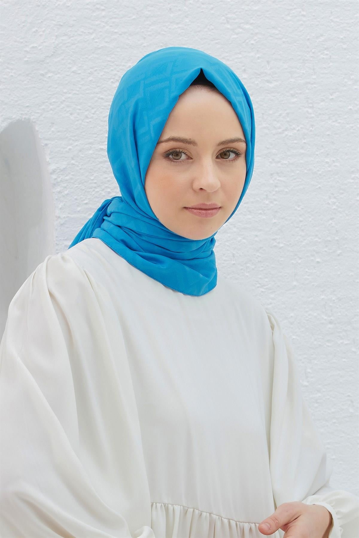 Loryan Scarf Logo Desen, Jakarlı Pamuklu Şal Mavi