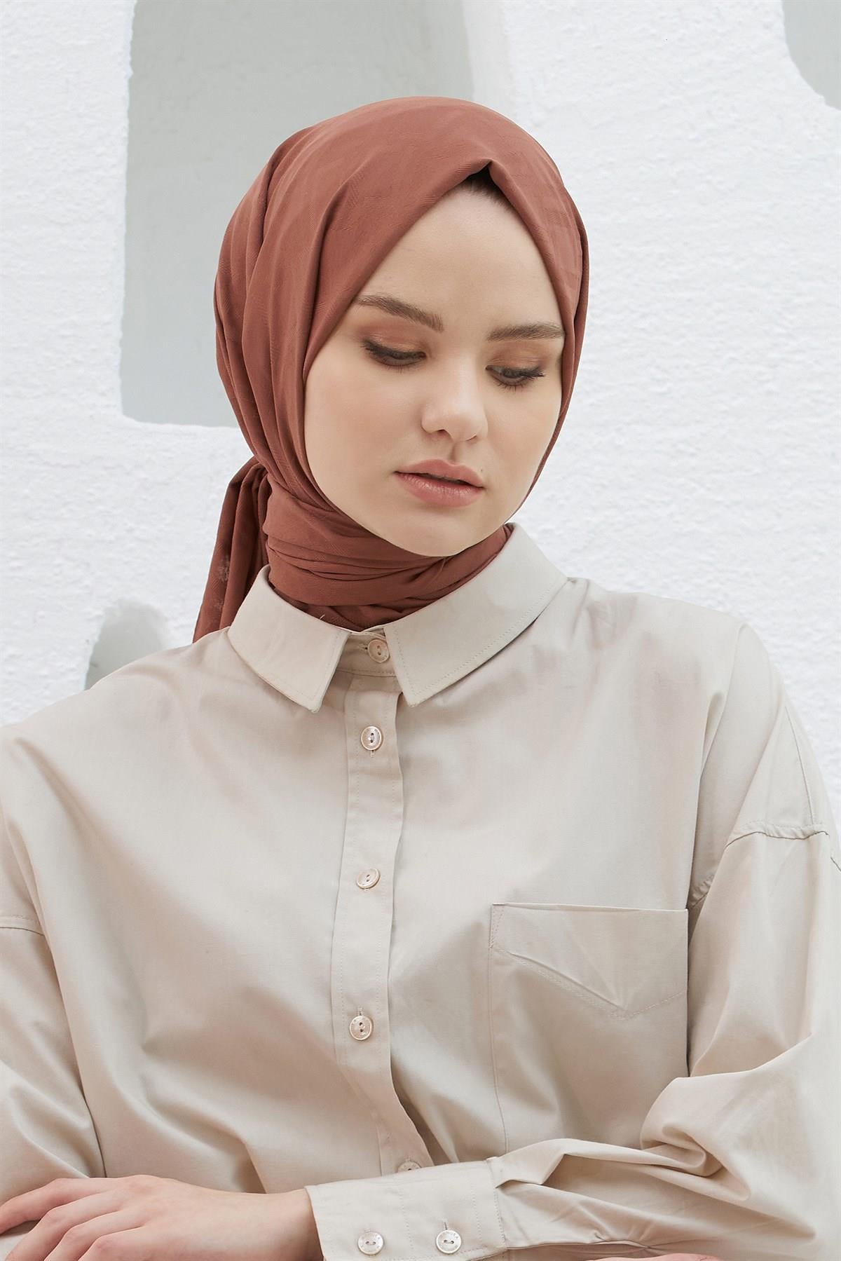 Loryan Scarf Logo Desen, Jakarlı Pamuklu Şal Açık Kahve