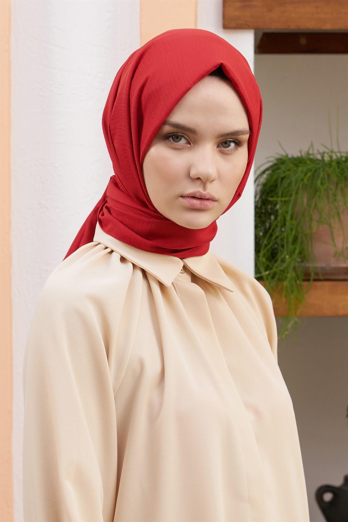Loryan Scarf Tek Renk, Alisa Kendinden Desenli Pamuklu Şal Kırmızı