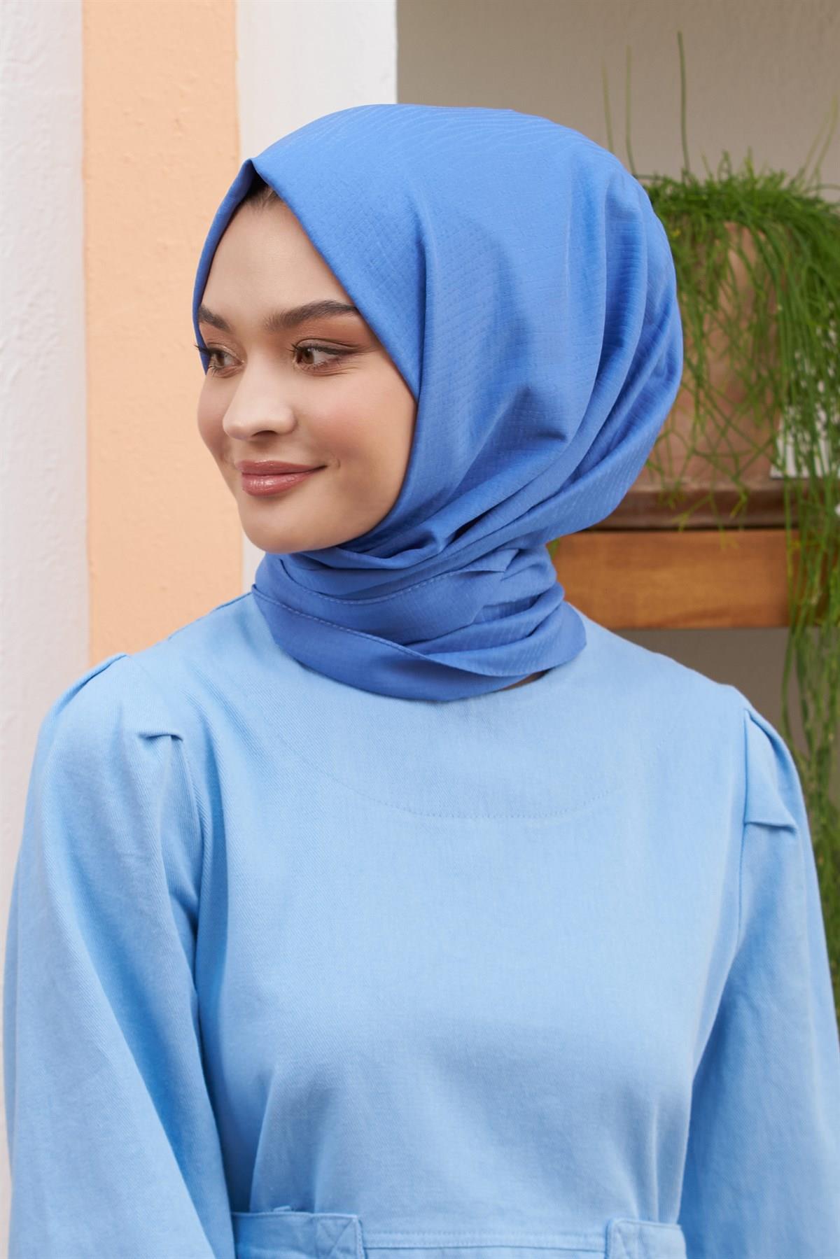 Loryan Scarf Tek Renk, Alisa Kendinden Desenli Pamuklu Şal Mavi