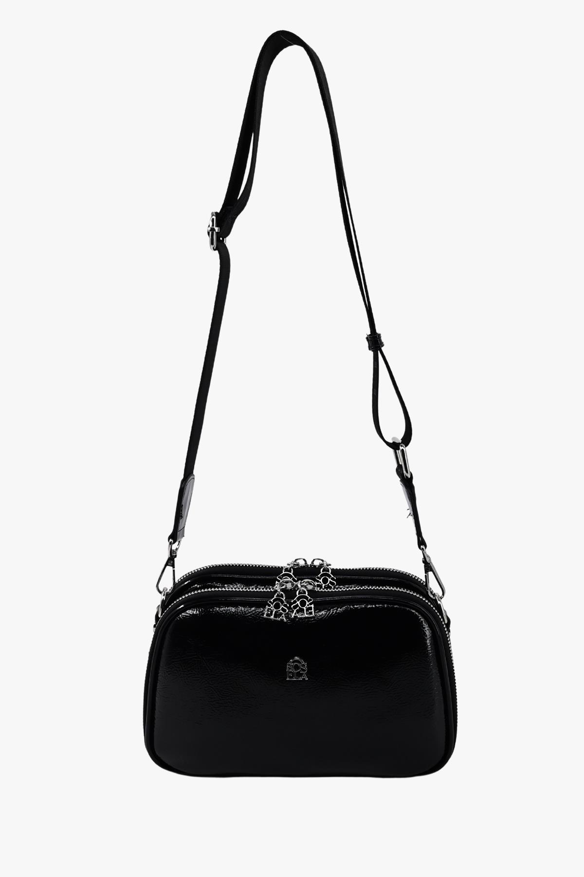 Sosela 67-7158 Kadın Kırışık Rugan Siyah Çapraz Askılı Çanta