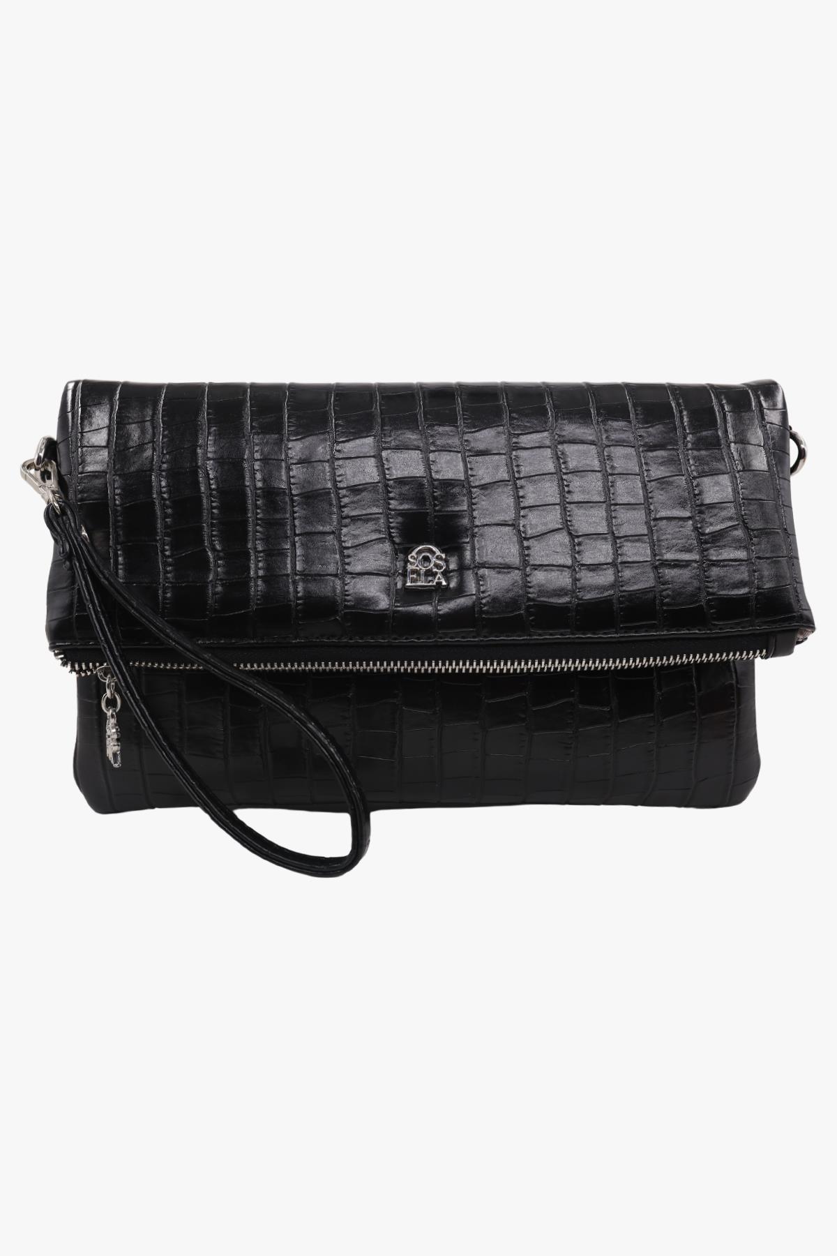 Sosela 67-6010 Kadın Linen Kroko Siyah Portföy Çanta
