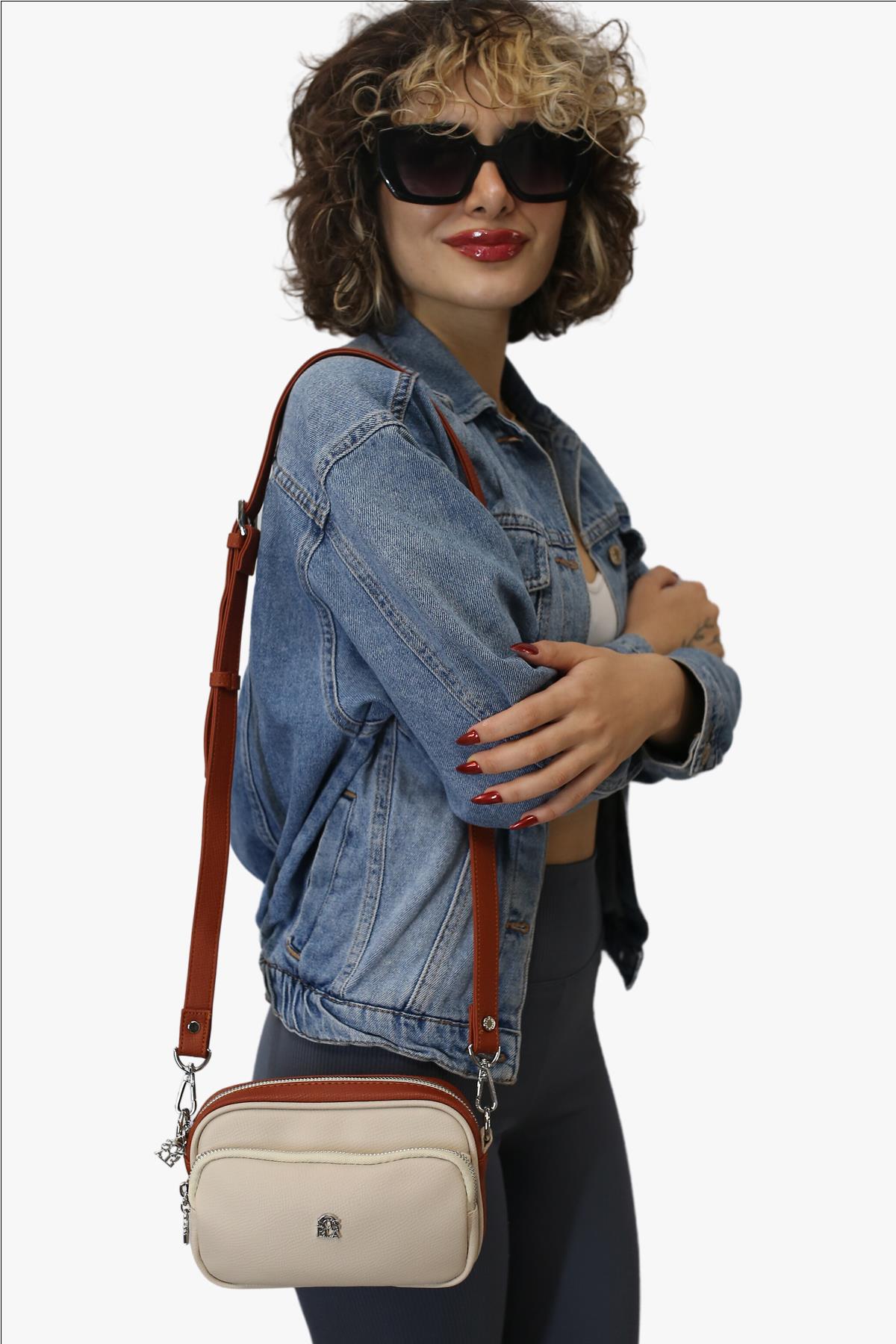 Sosela 67-7063 Kadın Bej-Kiremit Çarpraz Askılı Çanta