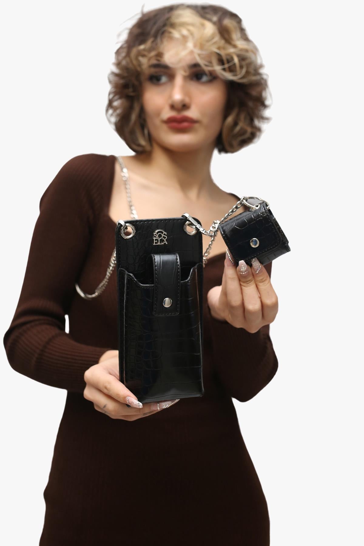 Sosela 67-7092 Kadın Kroko Siyah Çapraz Askılı Telefon ve Airpods Çanta