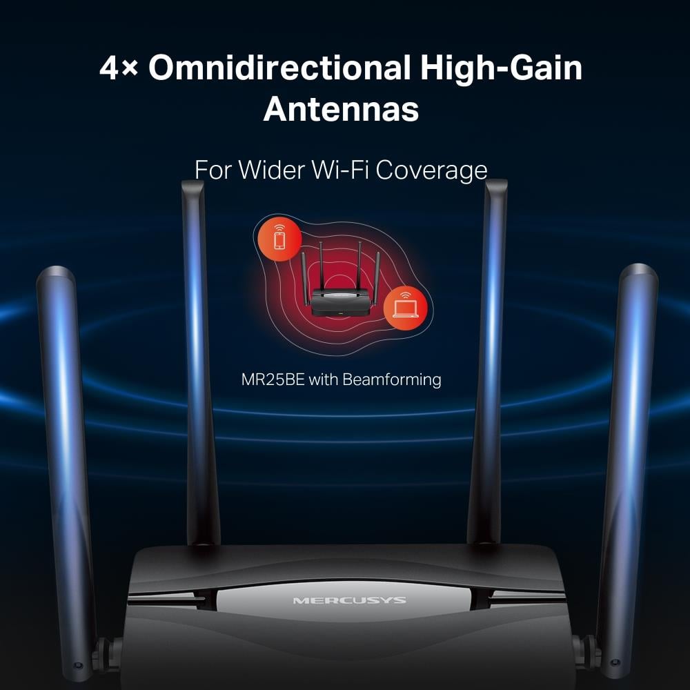 Mercusys MR25BE; BE3600 Mbps, Fiber Destekli, 4× 10/100/1000MBPS Port, Easy Mesh Uyumlu Router