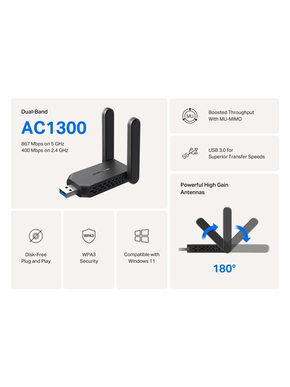 Mercusys AC1300 Çift Bant Yüksek Çekim Güçlü USB 3.0 Wi-Fi 5 Adaptör MA32H