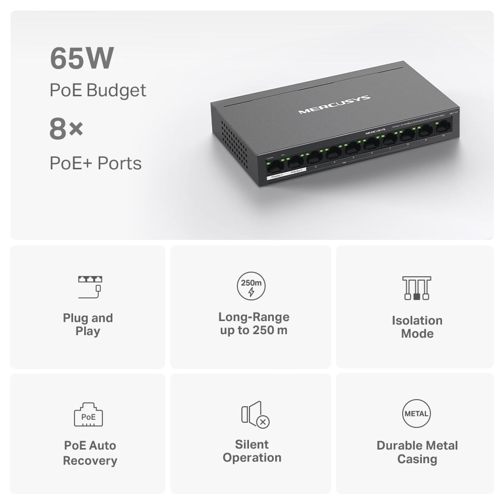 Mercusys 10-Port 10/100Mbps (8-Port PoE+) Masaüstü Switch MS110P