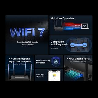 Mercusys MR25BE; BE3600 Mbps, Fiber Destekli, 4× 10/100/1000MBPS Port, Easy Mesh Uyumlu Router