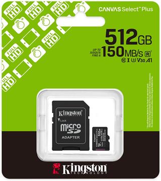 Kingston 512GB Microsdxc Canvas Select Plus Gen3 150MB-S A1 Card + Adapter Hafıza Kartı SDCS3/512GB
