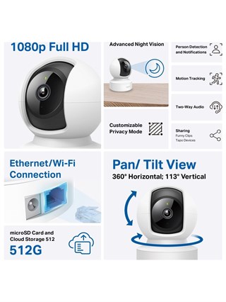TP-Link Tapo C202, 1080P Full Hd, Hareket Tespit ve Takibi, 360°, 9m Gece Görüşü, Çift Yönlü Ses