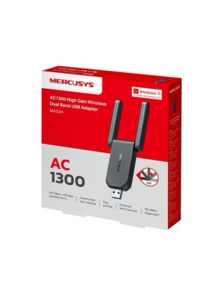 Mercusys AC1300 Çift Bant Yüksek Çekim Güçlü USB 3.0 Wi-Fi 5 Adaptör MA32H