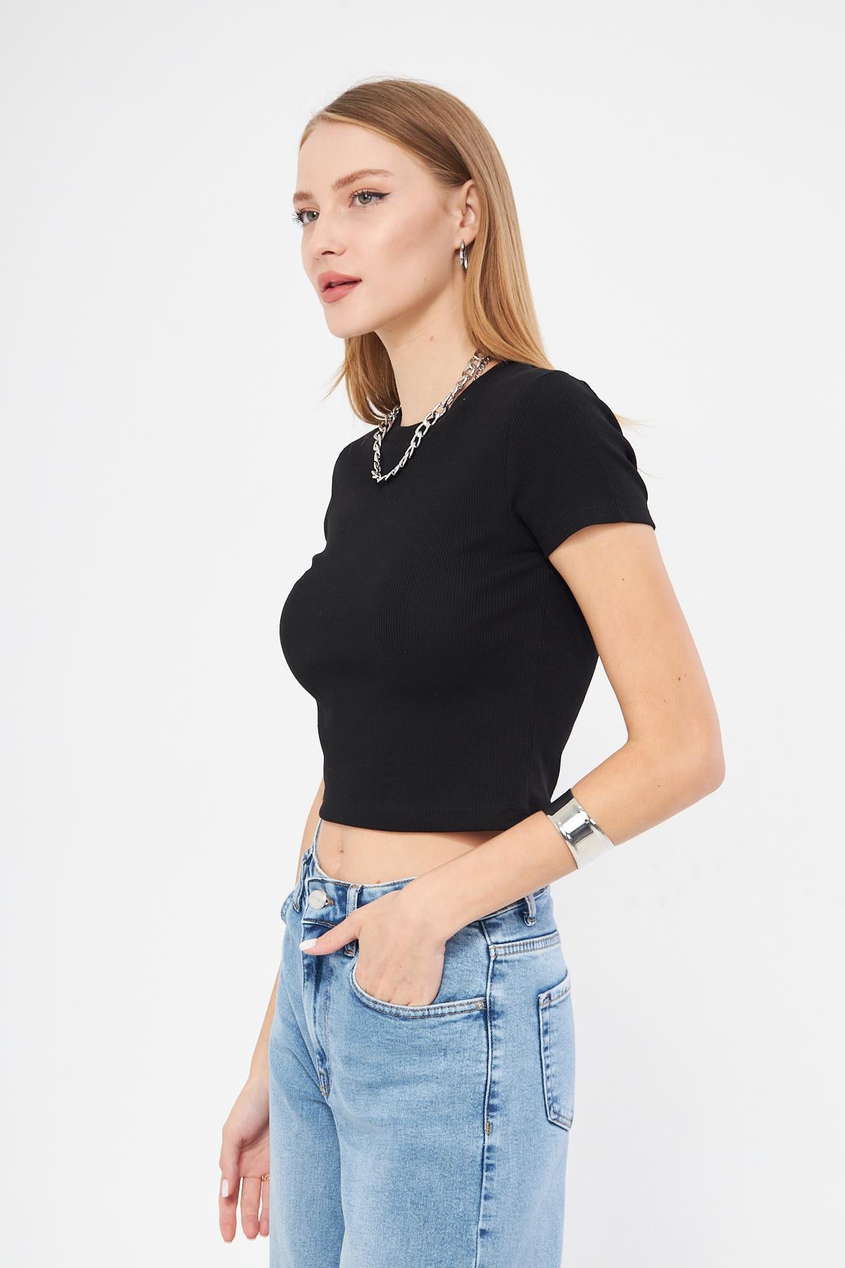 Bisiklet Yaka Kısa Kol Badi Crop Coton Body 4020