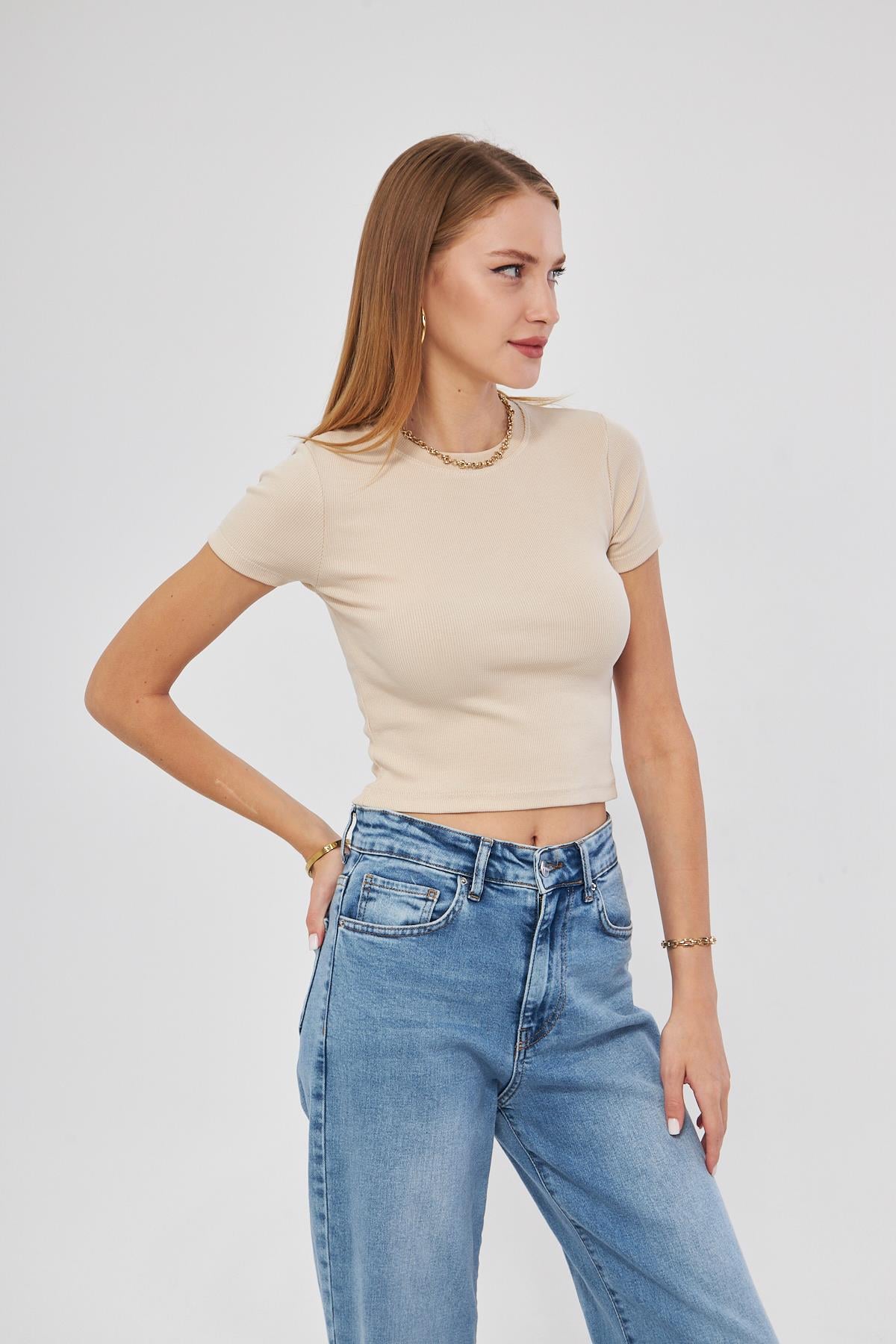 Bisiklet Yaka Kısa Kol Badi Crop Coton Body 4020