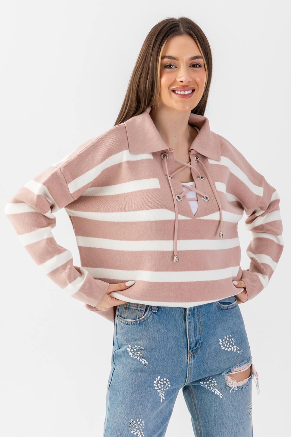 Bağcıklı Polo Yaka Oversize Triko Bluz 31242