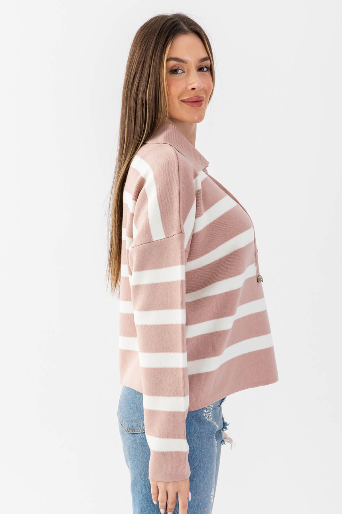 Bağcıklı Polo Yaka Oversize Triko Bluz 31242