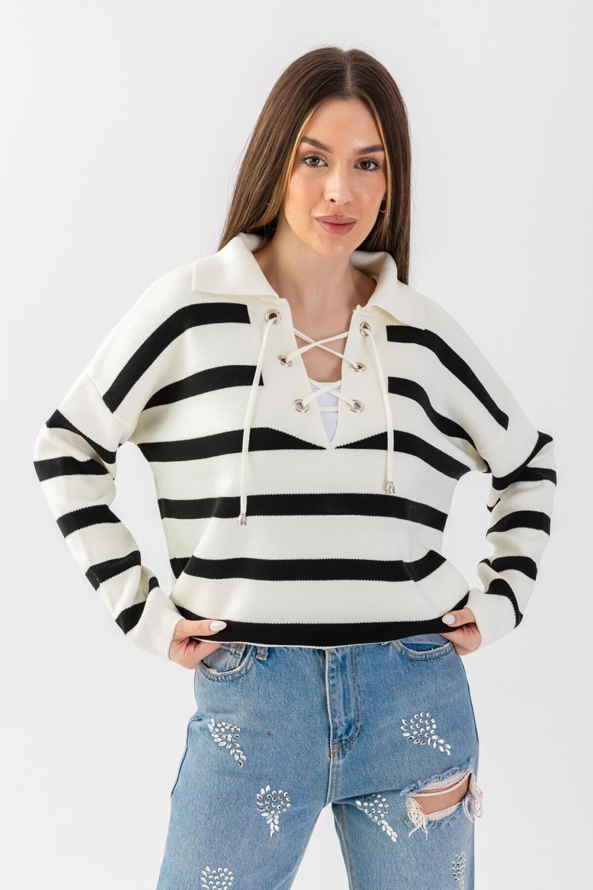Bağcıklı Polo Yaka Oversize Triko Bluz 31242