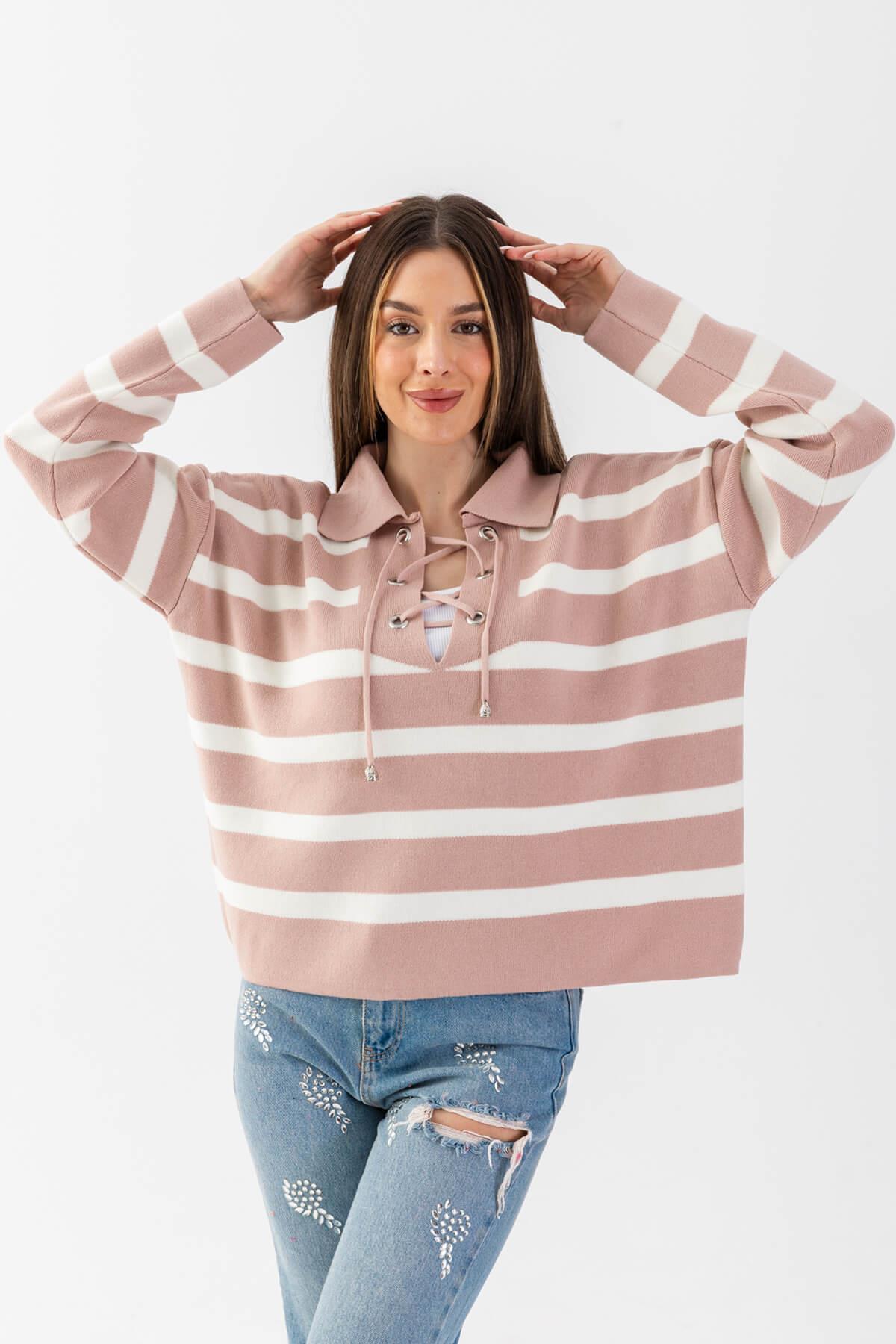 Bağcıklı Polo Yaka Oversize Triko Bluz 31242