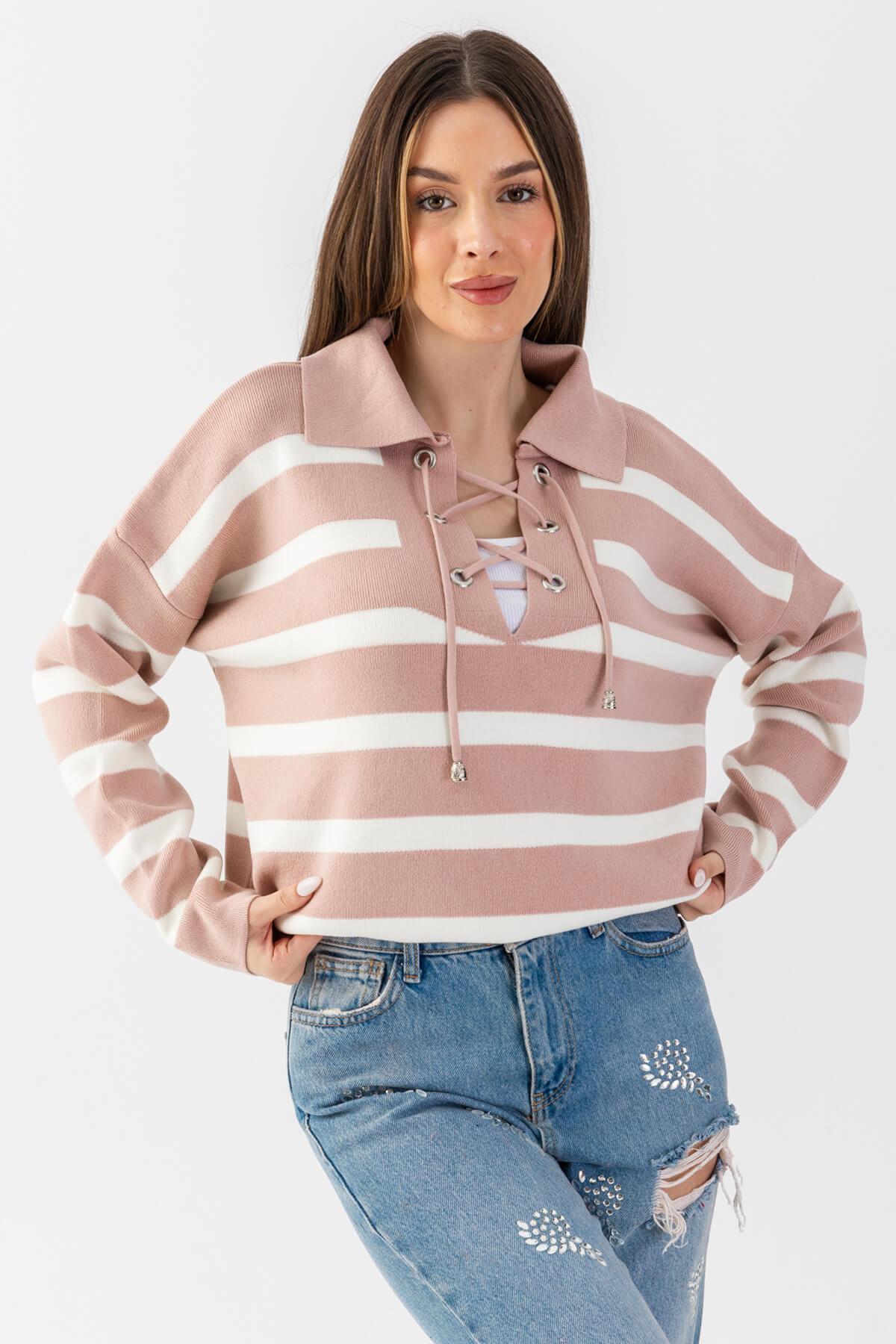 Bağcıklı Polo Yaka Oversize Triko Bluz 31242