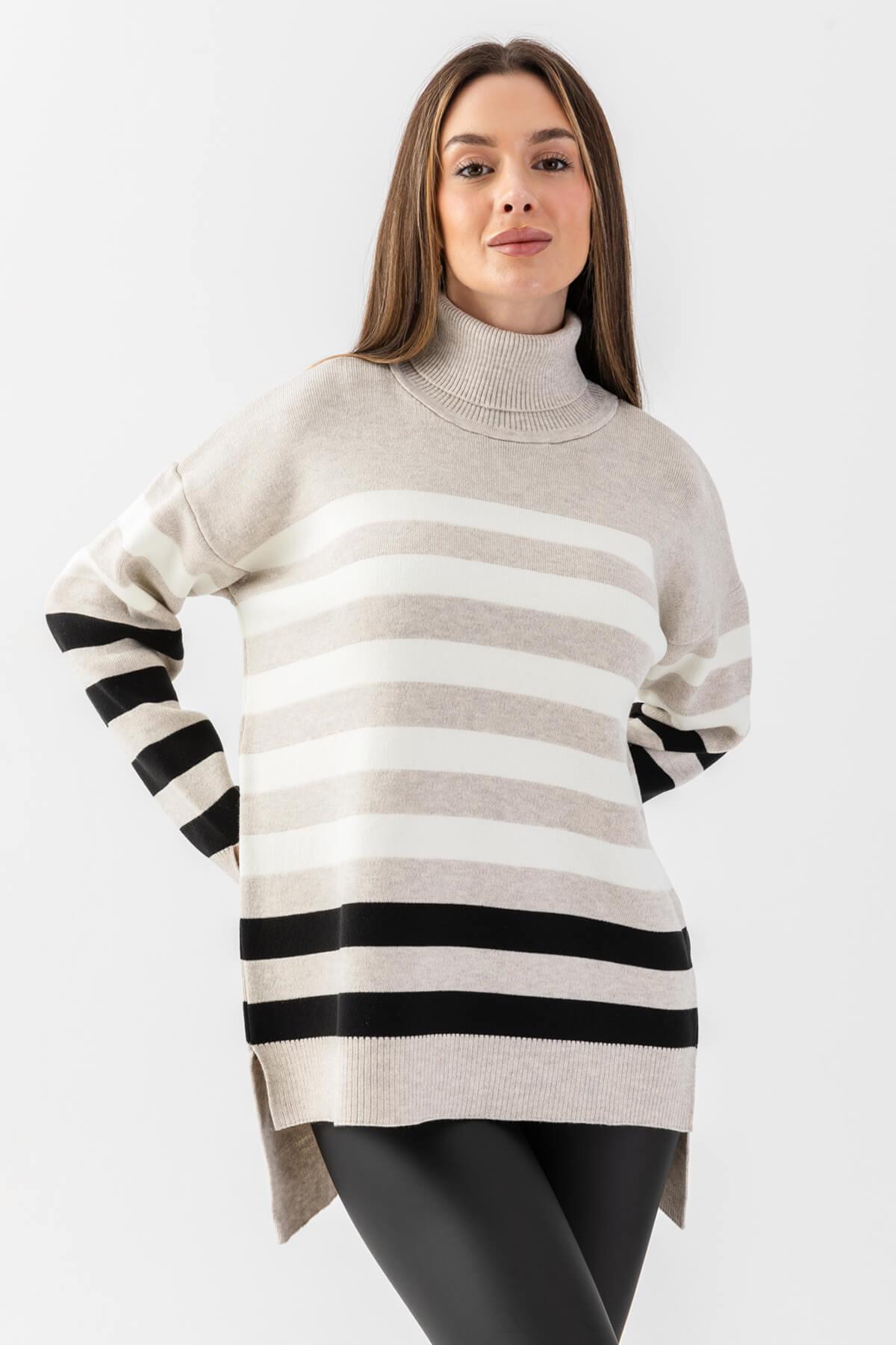 Çizgili Balıkçı Yaka Triko Tunik 1416
