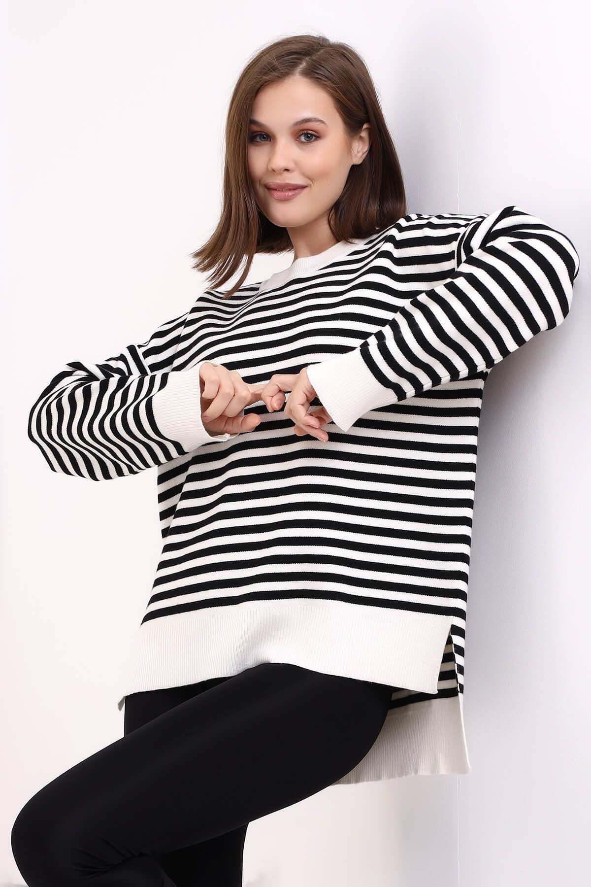 Çizgili Oversize Triko Kazak 6336