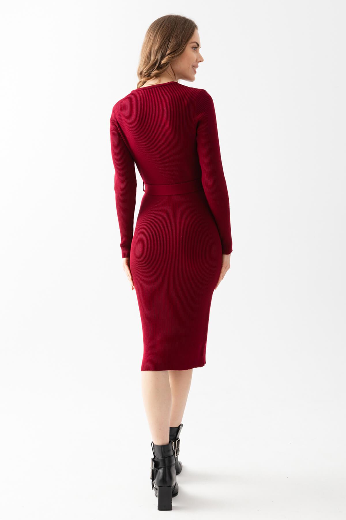 Bisiklet Yaka Fitilli Triko Elbise 4080 Bordo