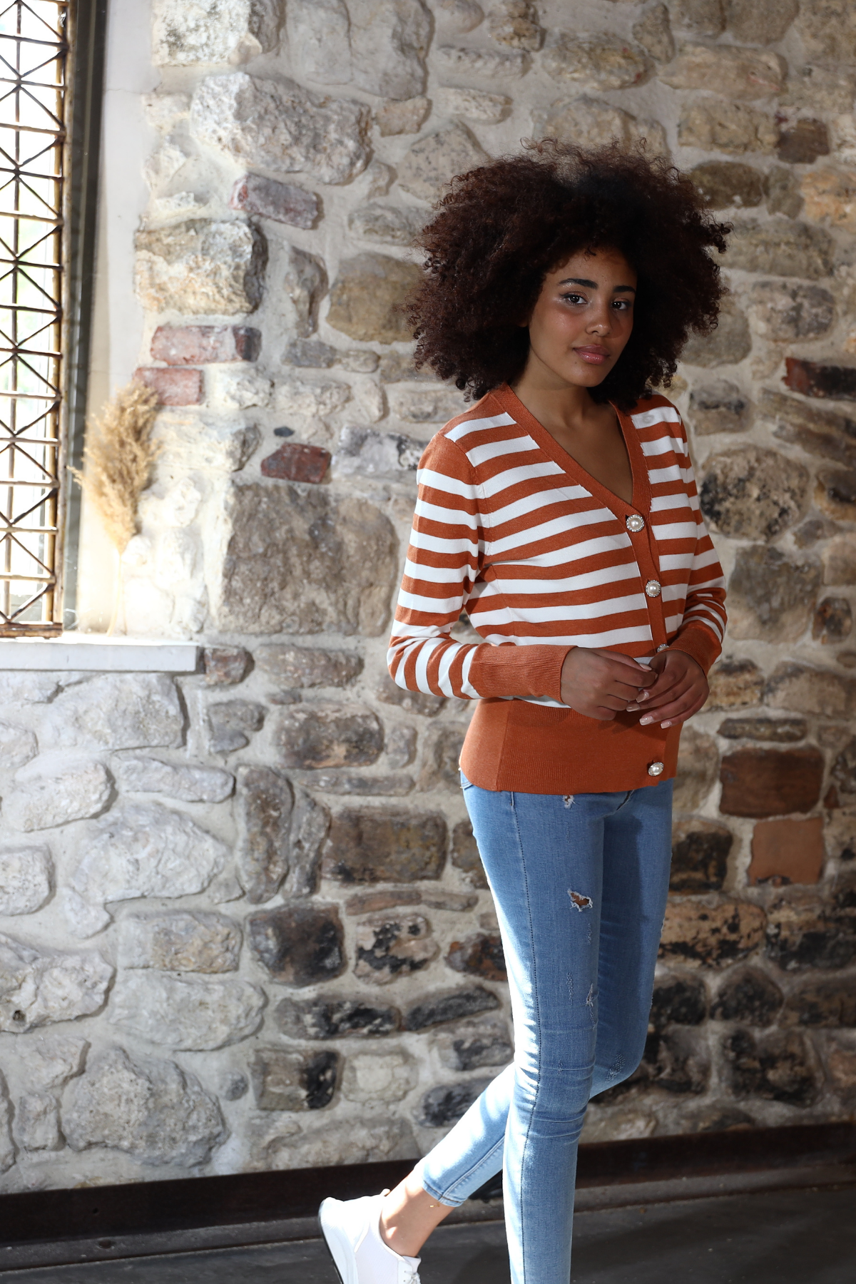 İnci Düğmeli Çizgili Triko Hırka 3108