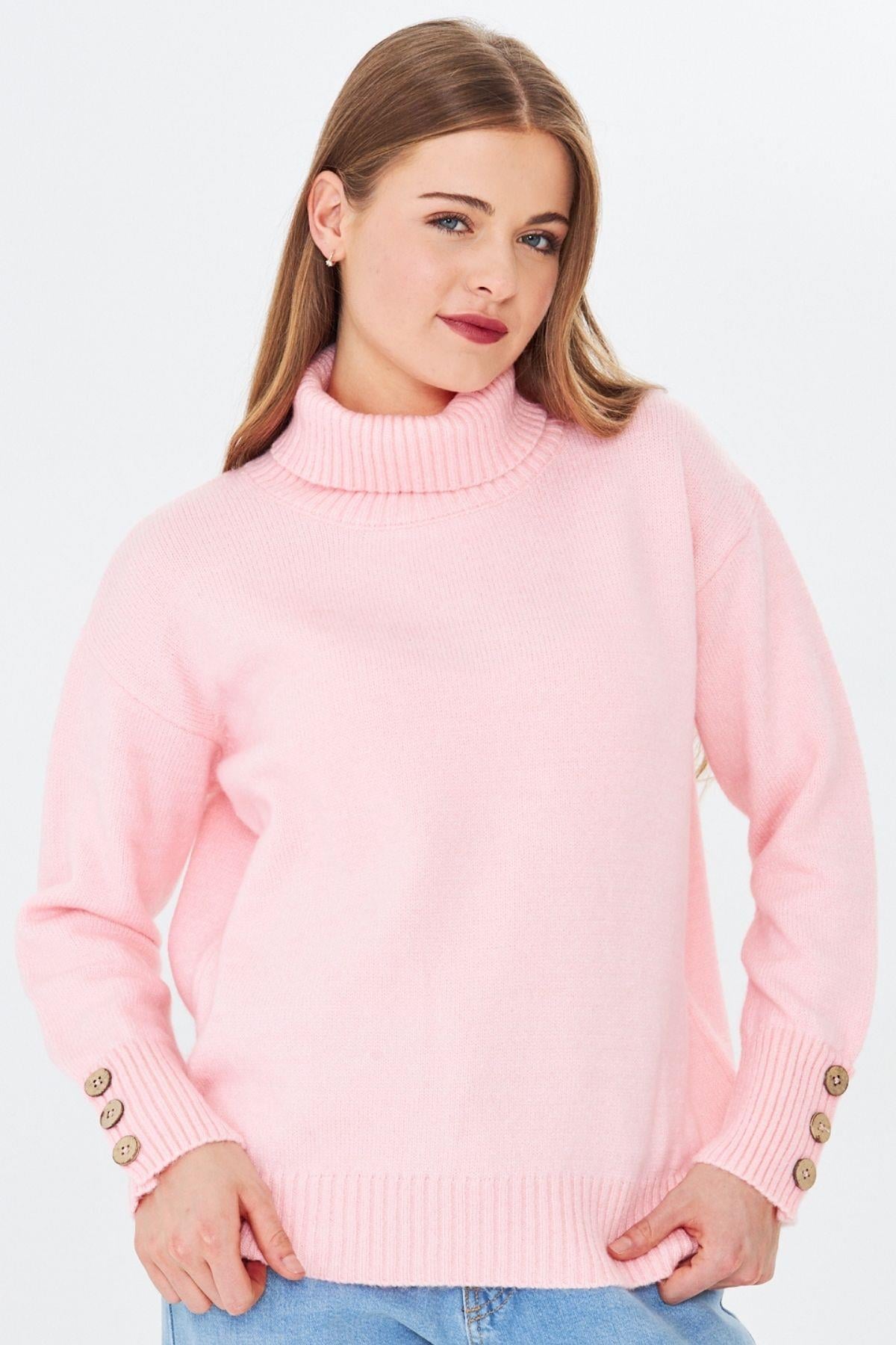 Kadın Balıkçı Yaka Kolu Düğmeli Kazak 11157 Pembe