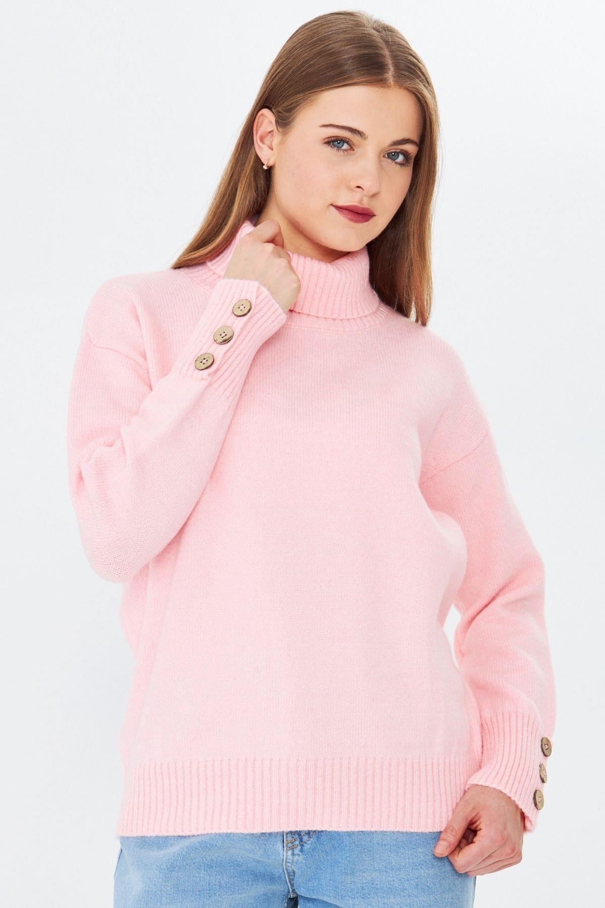 Kadın Balıkçı Yaka Kolu Düğmeli Kazak 11157 Pembe