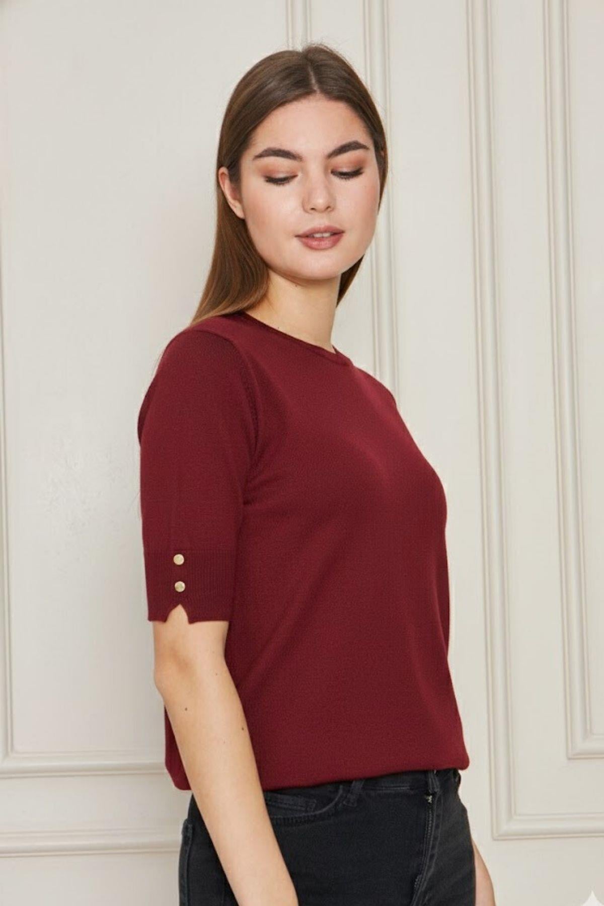 Kadın Bisiklet Yaka Çıtçıtlı Kısa Kollu Triko Bluz 1070 Bordo