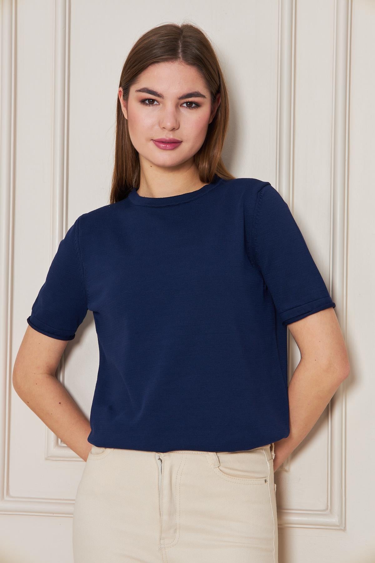 Kadın Bisiklet Yaka Kısa Kollu Triko Bluz Basic Bluz 25222