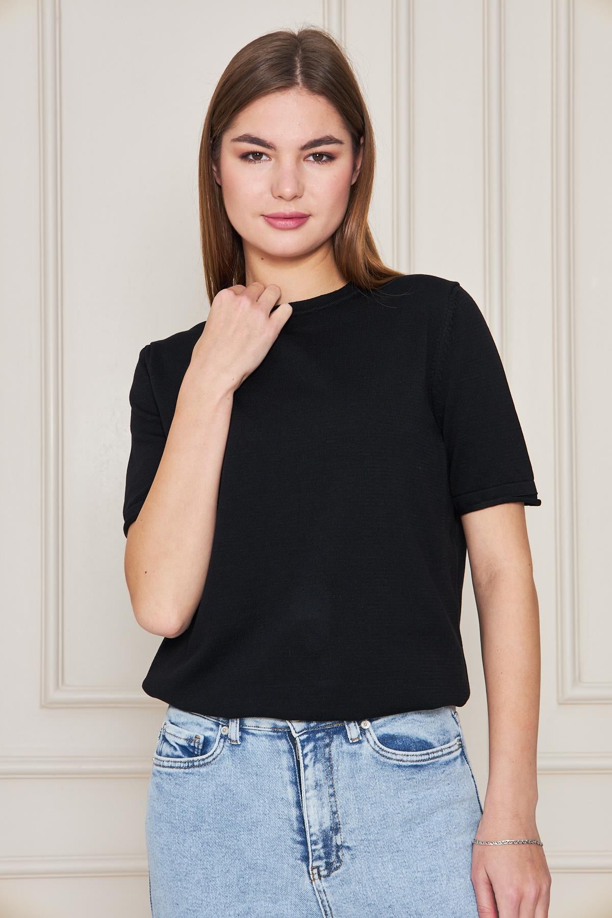 Kadın Bisiklet Yaka Kısa Kollu Triko Bluz Basic Bluz 25222