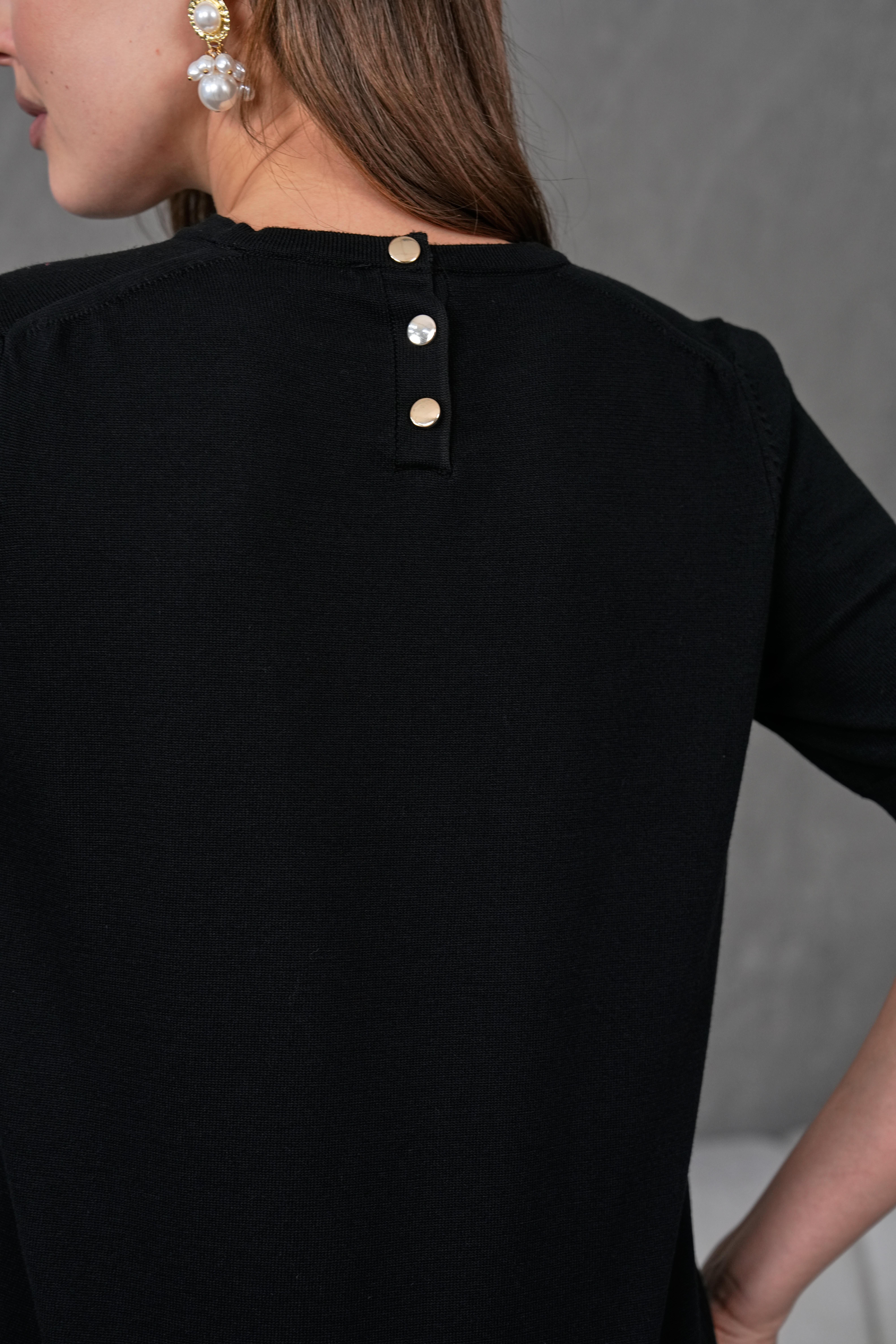 Kadın Ense Düğmeli Kısa Kol Triko Bluz 1415 Siyah